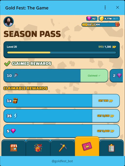 A 'Gold Fest: The Game' season pass screen showing Level 20 with 515/1,300 XP, listing claimed rewards and claimable rewards for XP, gems, and diamonds.