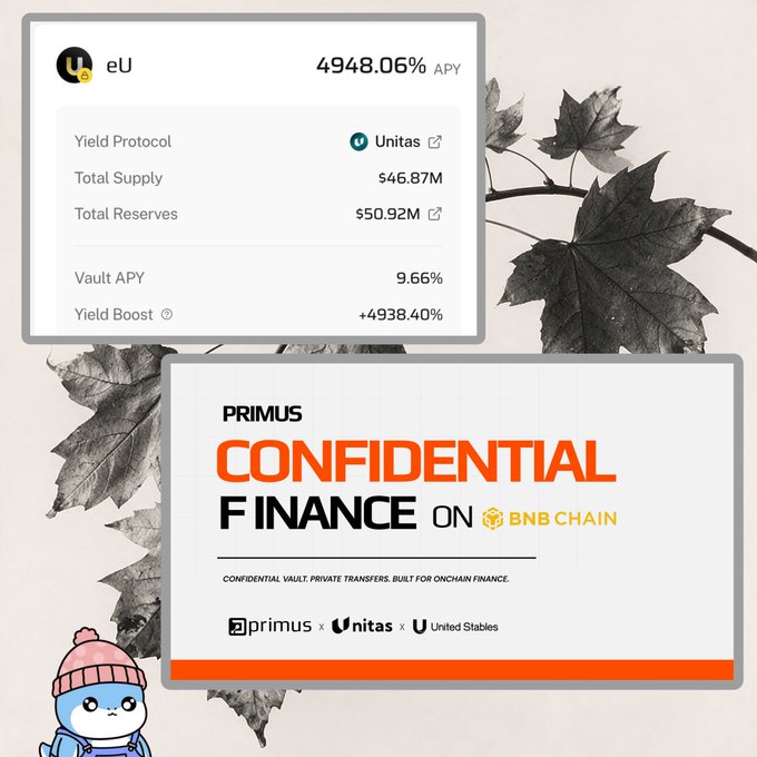 A promotional graphic featuring the "PRIMUS" platform advertising "CONFIDENTIAL FINANCE on BNB CHAIN" with details for the eU Yield Protocol showing 4948.06% APY, Unitas total supply of $46.87M, total reserves of $50.92M, vault APY of 9.66%, and yield boost of +4938.40%, alongside a small cartoon character in a pink beanie.