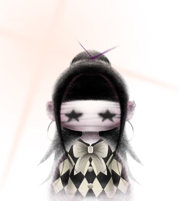 A stylized digital illustration of a character with star-shaped eyes, a black and white diamond-patterned top, and a small purple hair stick.