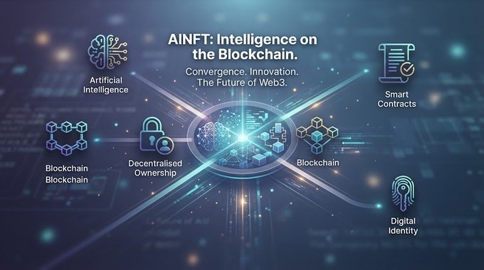 A futuristic digital banner titled 'AINFT: Intelligence on the Blockchain' with the tagline 'Convergence. Innovation. The Future of Web3', surrounded by icons representing Artificial Intelligence, Smart Contracts, Blockchain, Decentralised Ownership, and Digital Identity.