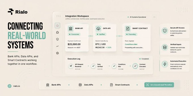 A dashboard interface for 'Rialo' with the tagline 'CONNECTING REAL-WORLD SYSTEMS', showing an Integration Workspace with connected Bank APIs, Data APIs, and Smart Contracts.