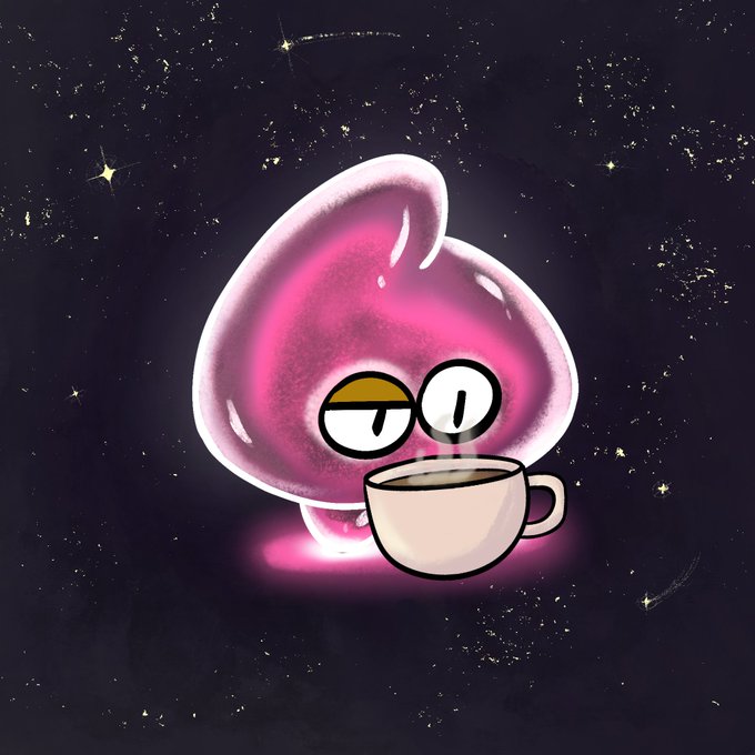 A whimsical digital illustration of a pink, glowing ghost-like character with mismatched eyes drinking from a teacup against a dark, starry background.