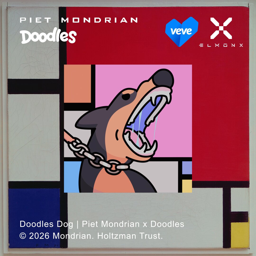 The image features a poster for an art exhibition titled "Doodles Dog" by Piet Mondrian, which includes a cartoon dog depicted with its mouth open as if panting or barking. The poster also mentions that each artwork comes with a free collectible item, specifically a pencil and a doodle pen. The post is sponsored by the Mondrian/Holtzman Trust, and it was created in collaboration with the Mondrian/Holtzman Trust.