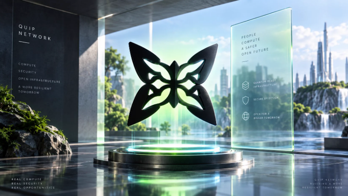A digital artwork featuring a butterfly-shaped logo on a pedestal with text about 'QUID NETWORK' and 'PEOPLE COMPUTE A SAFER OPEN FUTURE' against a futuristic cityscape background.