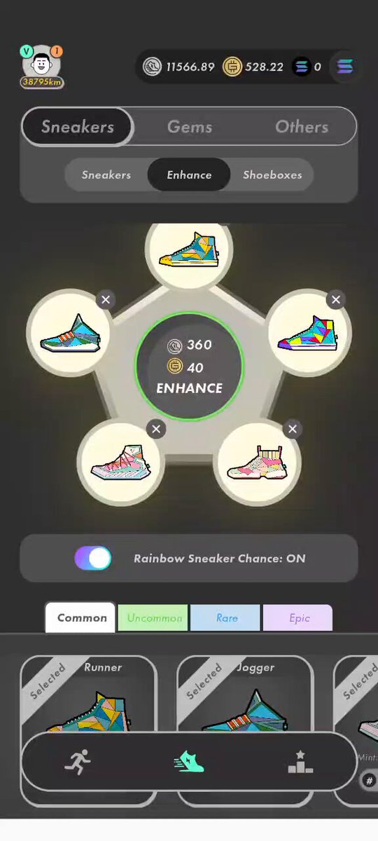This image shows a cell phone screen displaying an interactive shoes shopping app, with various shoe options displayed on the home screen. The background of the screen has a dark, sleek look, making the colorful shoes stand out prominently. The text on the screen reads "Stepn" and "ベルツェッケー", which could potentially be instructions or categories for different types of shoes.