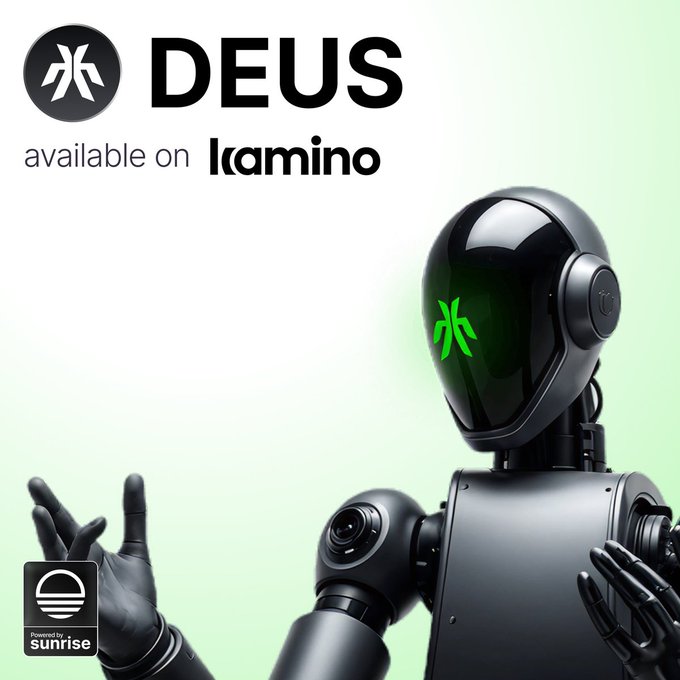 The image features a robot with a green head, standing against a white background. The text "DEUS" is displayed above the robot's head, while the word "kamino" is written below it. Below this, there are two lines of text that read "Liquid retail exposure to the private robotics market." This suggests that the image might be related to a post about the liquid retail exposure in the private robotics market or could possibly be an advertisement for a product named "DEUS kamino".
