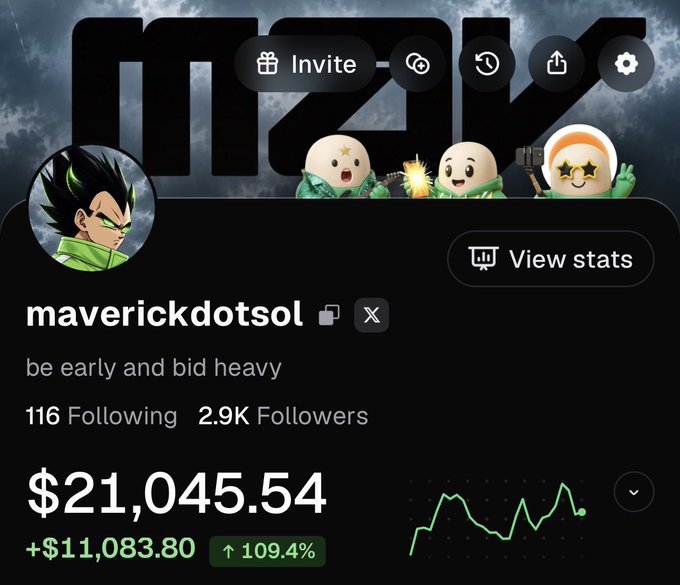 A screenshot of a financial tracking app profile for the username 'maverickdotsol' with a Dragon Ball profile picture, showing 116 Following, 2.9K Followers, and a portfolio value of '$21,045.54' with a +109.4% green increase.