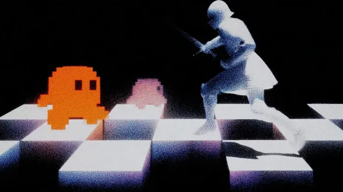 A pixelated Pac-Man-style ghost battles a chess knight on a checkered board, visually representing the strategic "takeover" gameplay where players fight to control 100 onchain fee tiles through Harberger taxation on Base.