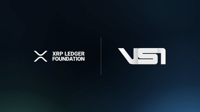 The image displays the logos of the XRP Ledger Foundation and VS1 side by side on a dark blue background, visually representing their new partnership to develop an open-source, compliant lending application on the XRPL network, as announced in the post.