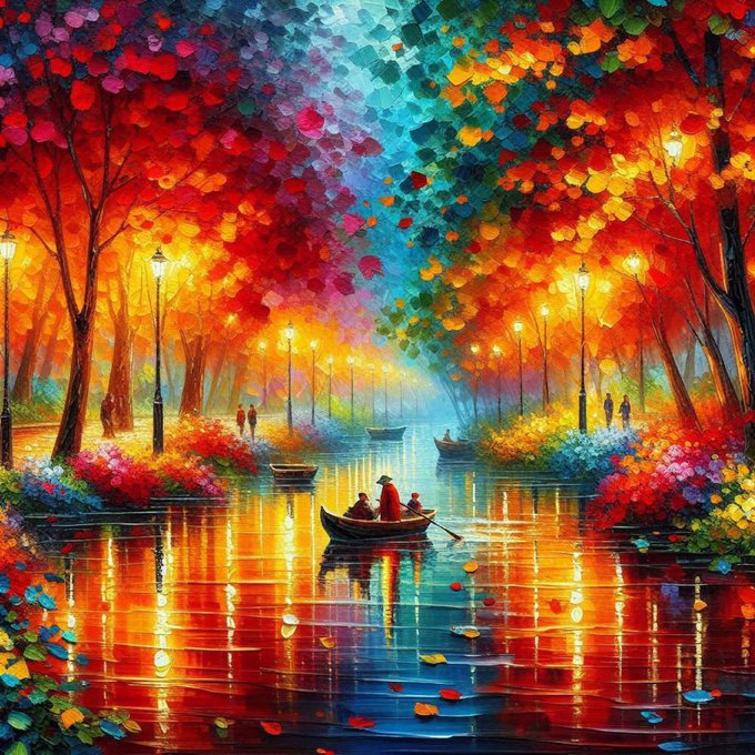 A vibrant, impressionistic oil painting depicting a romantic canal scene at twilight, with figures in a rowboat, glowing streetlamps lining the waterway, and brilliantly colored red, orange, and teal foliage reflected on the water's surface.