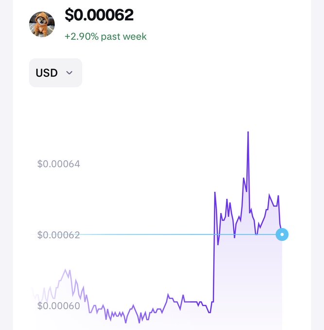A cryptocurrency price chart showing a value of $0.00062 USD, up 2.90% over the past week, with a purple line graph displaying price spikes and volatility over time.