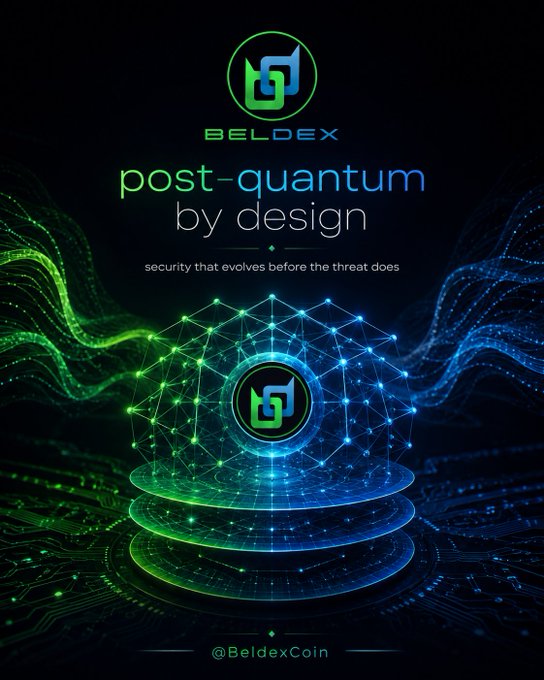 A dark digital graphic for 'BELDEX' displays the text 'post-quantum by design' above a glowing green and blue networked sphere.