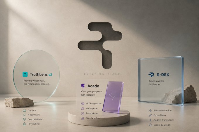 A promotional display for 'Built on Rialo' featuring three glass and acrylic awards showcasing 'TruthLens v2' (Proving what's real, the moment it's created), 'Acade' (Own your progress), and 'R-DEX' (Trade smarter, Not harder).