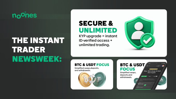 An advertisement for 'noOnes' titled 'THE INSTANT TRADER NEWSWEEK' highlighting a 'SECURE & UNLIMITED' KYP upgrade for ID-verified access, with a BTC & USDT FOCUS feature.