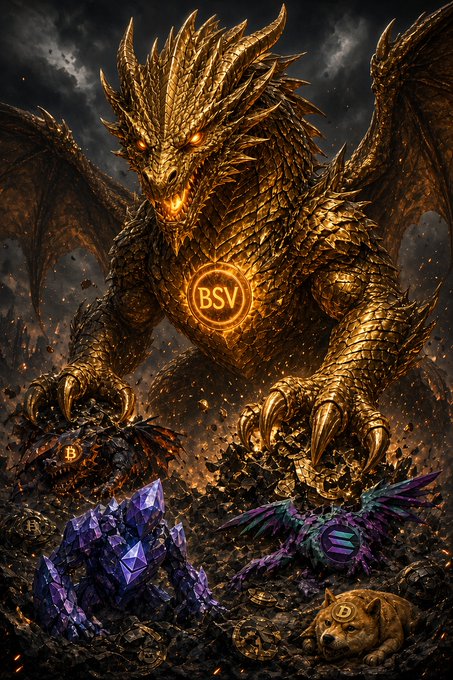 A fantasy digital artwork depicting a large golden dragon with a glowing 'BSV' emblem on its chest, surrounded by Bitcoin-themed cryptocurrencies and a golden dog coin.