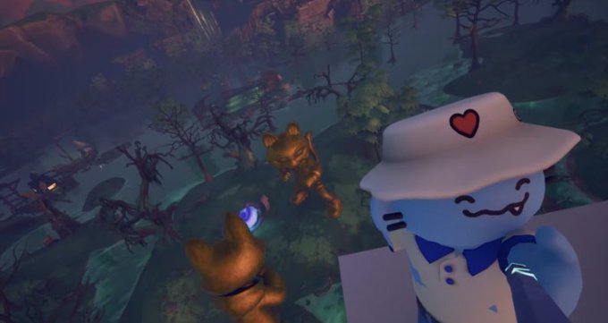 A whimsical white cartoon mascot wearing a sun hat with a red heart stands in a misty, swampy landscape alongside an orange creature and a small brown figure. The scene appears to be from the OthersideMeta virtual world, where the post's author is introducing a new friend character, @veetek_who, to the swamp environment.