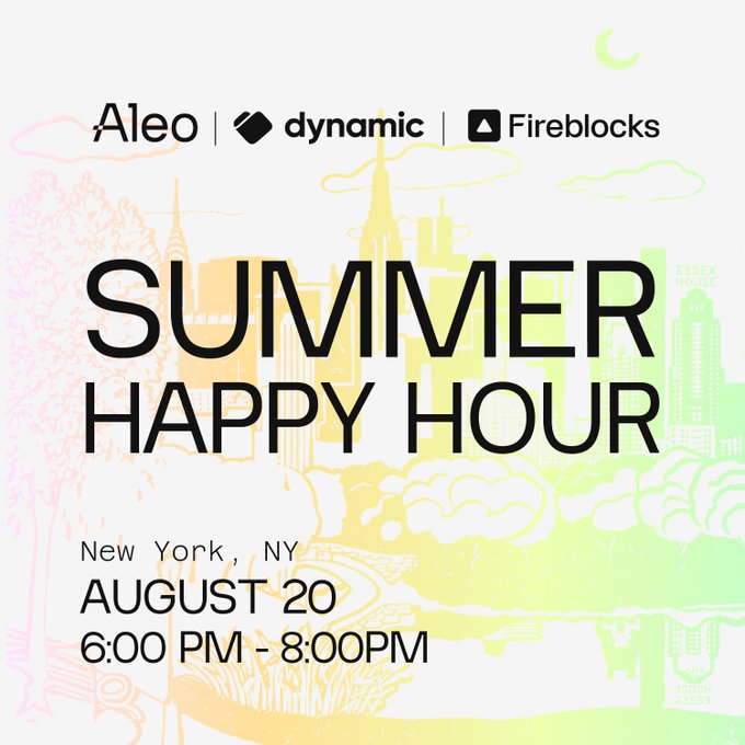 Event promotional graphic featuring the "Aleo," "Dynamic," and "Fireblocks" logos, announcing a "Summer Happy Hour" in New York, NY on August 20 from 6:00 PM to 8:00 PM, with a colorful pastel illustration of the city skyline and park in the background.