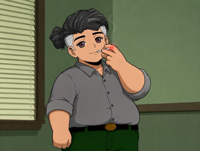 An animated illustration of a chubby person with black and white hair tied in a bun, wearing a gray button-up shirt, smoking a cigarette in a room with green walls and window blinds.
