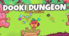 The image shows a promotional title screen for the game "DOOKI DUNGEON" with the tagline "LIMITED DAYS 666," featuring a cute pink character wielding an axe in a colorful 2D dungeon setting. The vibrant artwork visually supports the post's excitement about this roguelite game being made in just 10 days, capturing its charming cartoon aesthetic similar to The Binding of Isaac.