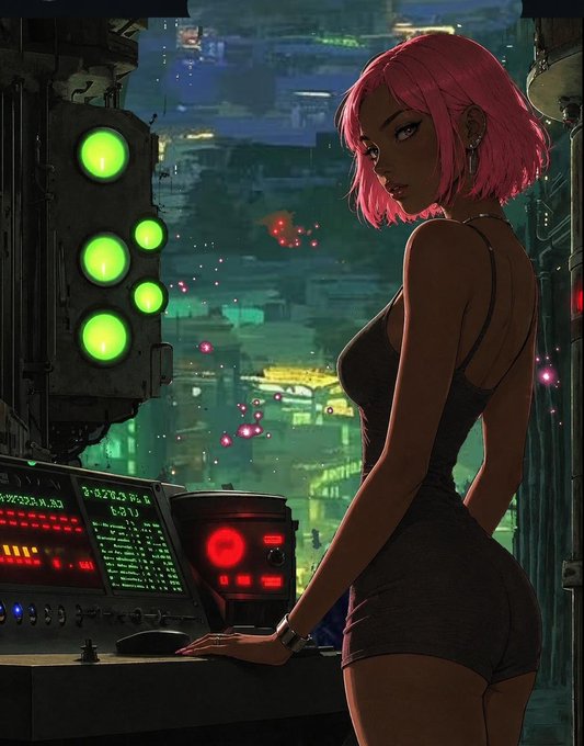 A cyberpunk-style digital illustration of a woman with pink hair in a black outfit standing at a control console with glowing green lights and red indicators, overlooking a futuristic neon cityscape.