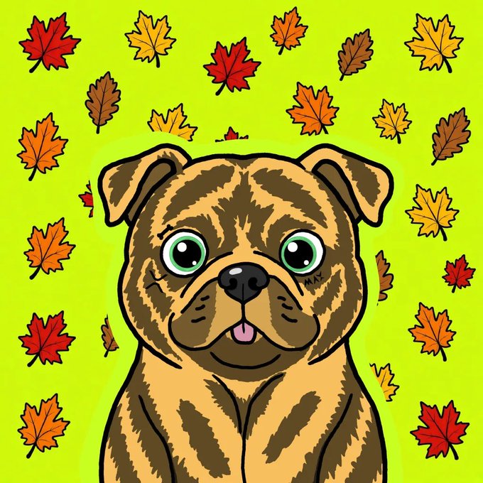 A cartoon illustration features a brown brindle puppy with bright green eyes and its tongue out, surrounded by colorful red, orange, and yellow autumn leaves on a green background.
