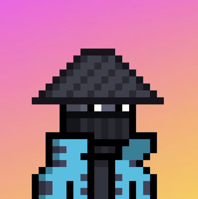 A pixel art style character resembling a Minecraft figure in a black hat and blue jacket is silhouetted against a pink and orange sunset sky.