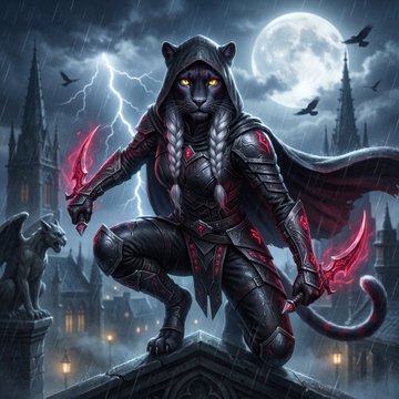 The image features a woman dressed in medieval-style armor, holding a sword with red flames at her side, standing atop a rooftop or cliff overlooking a cityscape under a dark sky. The city below has several buildings of varying sizes, suggesting an urban setting. The caption "Meet Nyxara the Crimson Huntress LORE House Nightclaw once served as the hidden blade of forgotten kingdoms" is related to the woman in the image and her role as a warrior or assassin.