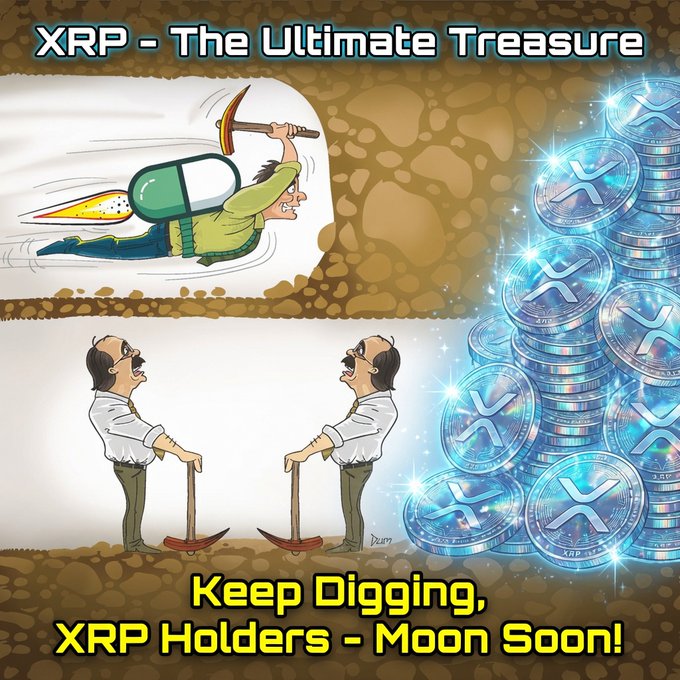 The image features a cartoon depiction of two men digging into a pile of coins, with one man holding a shovel and another holding a pill bottle. The caption below the image reads "Keep digging, XP holders - Moon soon!".