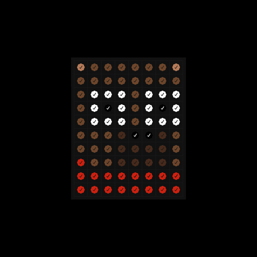 A pixelated graphic showing rows of circular dots in brown, white, and red arranged on a dark background, resembling a stylized dice or game-board pattern.