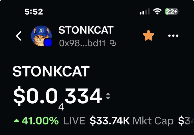 A mobile screenshot displays the STONKCAT crypto token showing a price of $0.0334 with a 41.00% gain and a market cap of $34K.