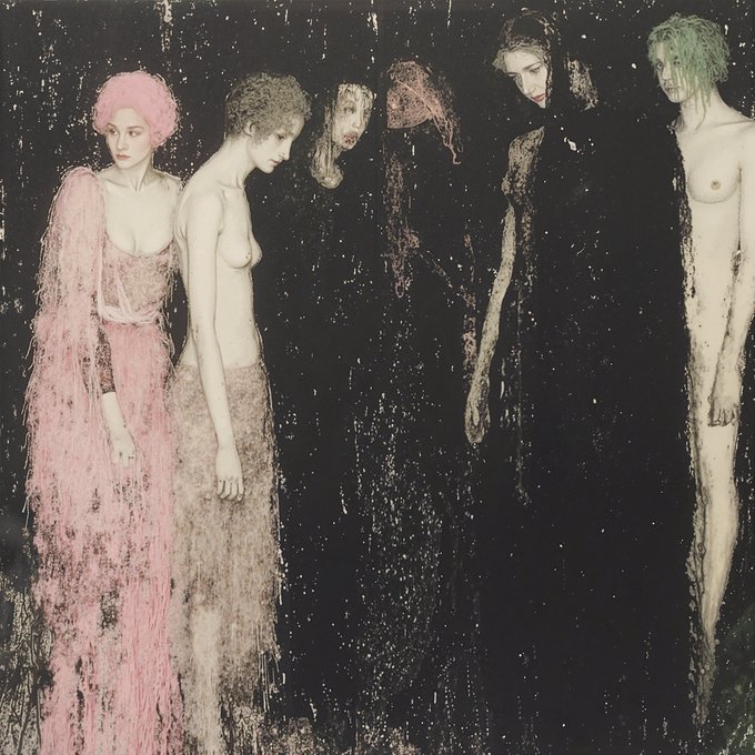 A dark, surrealist painting featuring several figures including pale nude women and a figure in a pink feathery headdress and gown, set against a dripping black background.