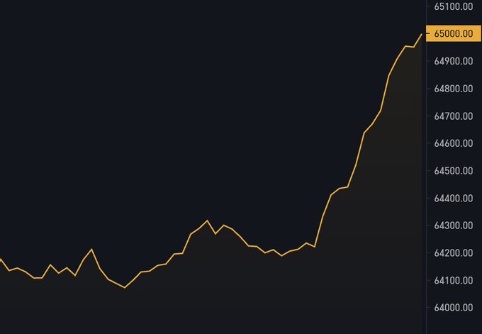 A line chart showing an upward trend, with the line reaching a highlighted value of 65000.00.