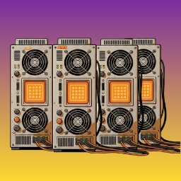 An illustration of four computer servers with fans and glowing screens, connected by wires, set against a purple and yellow gradient background.