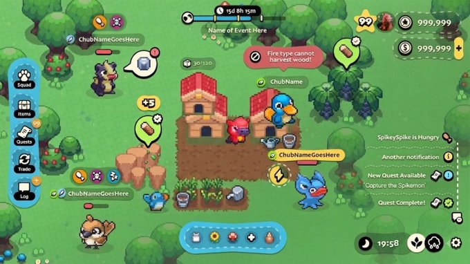 A screenshot of a farming simulation game called 'Yakkamon' shows a village with characters, crops, houses, and various game UI elements like 'SpikeySpike is Hungry' and 'New Quest Available'.