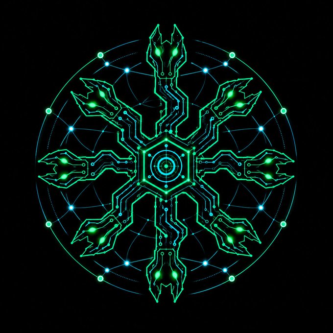 A digital artwork of a glowing green and blue circular emblem resembling a futuristic snowflake or mechanical mandala, featuring intricate circuitry patterns and a central eye-like design on a black background.