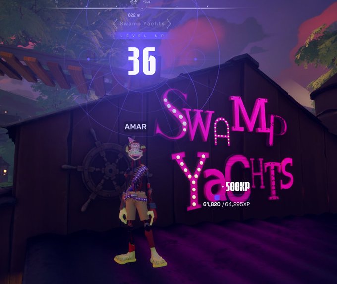 A video game screenshot showing a character named AMAR reaching level 36 in 'Swamp Yachts' with 500XP gained, standing in front of a wooden building with a pink neon sign.