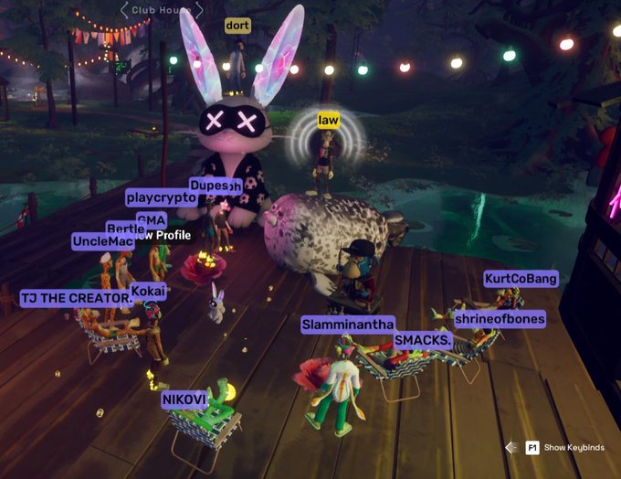 The image shows a group of people gathered around a table, with some sitting down while others stand up. There are two large stuffed animals present in the scene - one wearing a black top hat and sunglasses, and another dressed as a rabbit or bunny. The people appear to be engaged in conversation or enjoying each other's company. 

The post features several names of people who have contributed to the image, including "TJ The Creator", "@Lawofthesaw", "@0xdort", "@WelcomeApes", and "@OthersideMeta". These names are likely used by the individuals involved in creating or editing the image.