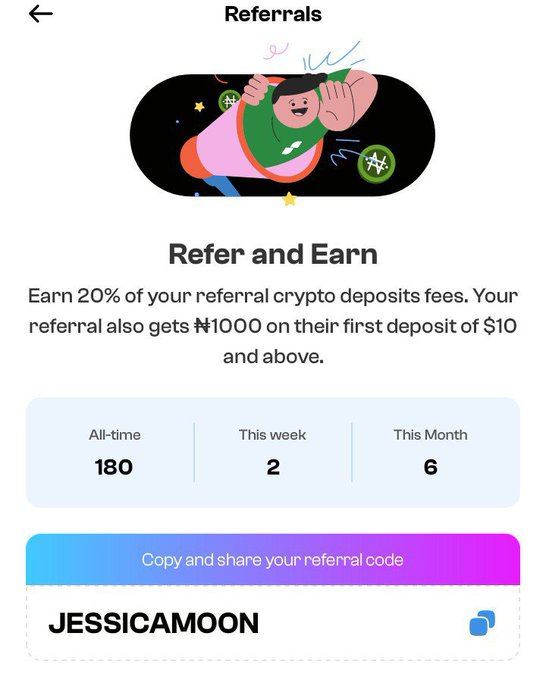 This referral screen shows that "JESSICAMOON" has onboarded 180 people "All-time" by earning referral crypto deposit fees. The image directly relates to the post by showcasing the referral code and total referrals achieved.