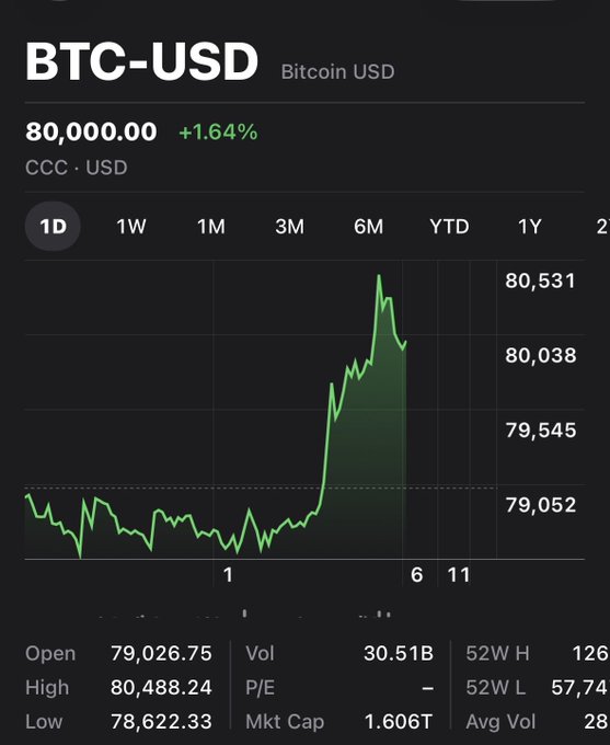 A screenshot of a financial chart shows Bitcoin (BTC-USD) trading at $80,000.00, up 1.64%, with the price spiking dramatically during the trading day after hovering near $79,000. The chart visually supports the post's celebratory reference to Bitcoin reaching the $80,000 milestone.