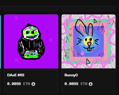 Two NFT listings displayed side by side - 'DAoE #85' showing a hooded figure with green digital face elements on purple background, and 'BunnyO' showing a cartoon bunny illustration, both priced at 0.0098 ETH.