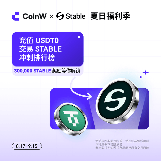 A promotional graphic for a 'CoinW x Stable 夏日福利季' (Summer Benefits Season) event, advertising rewards for depositing USDT0 and trading STABLE, dated 8.17-9.15.