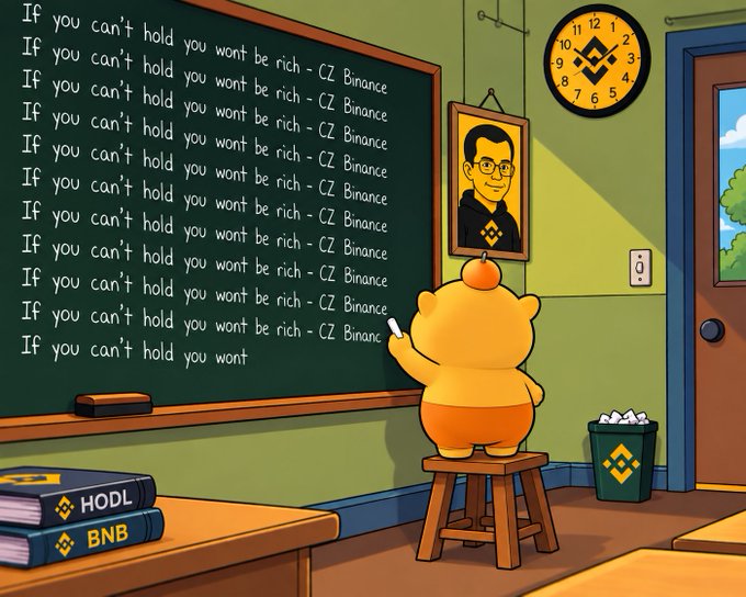 A cartoon classroom scene featuring a yellow character writing 'If you can't hold you wont be rich - CZ Binance' repeatedly on a chalkboard, with books labeled 'HODL' and 'BNB' and a portrait of a man with glasses.