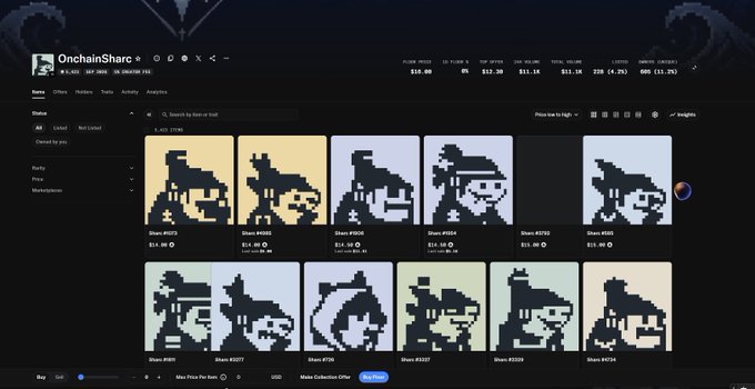 An OnchainSorc NFT marketplace listing various pixel art character NFTs with their share numbers and prices.