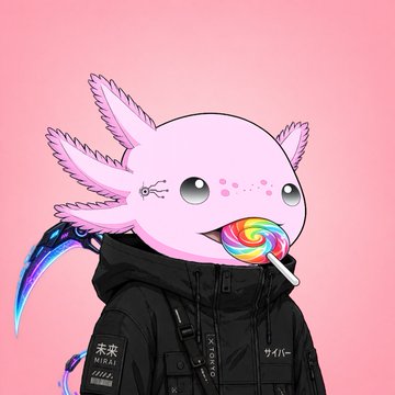 An illustration features a pink axolotl wearing a black jacket with Japanese text patches ('未来', 'ミライ'), holding a rainbow swirl lollipop against a pink background.