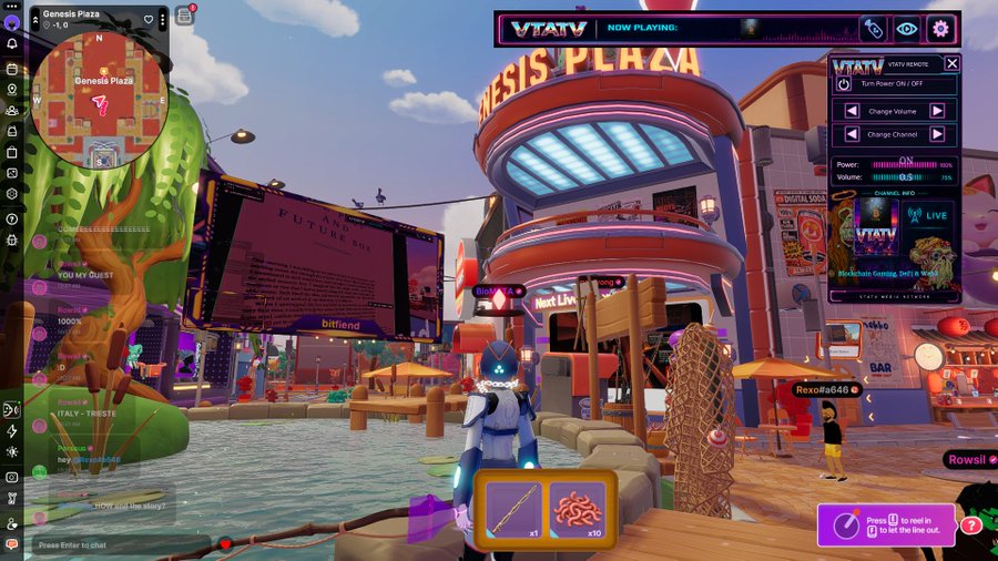 A screenshot of a virtual 3D environment shows an avatar standing in 'Genesis Plaza' with various UI elements, streaming controls for 'VTATV', and interactive icons for items like a fishing rod and ramen.