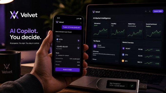 A person holds a smartphone displaying the Velvet trading app alongside a laptop showing AI Market Intelligence featuring momentum, liquidity, wallet flow, and social sentiment metrics for $VELVET, $ETH, and $BTC—visualizing Velvet Capital's Unicorn AI Copilot workflow of Read → Analyze → Prepare → Sign for executing AI-prepared trades on Robinhood Chain.