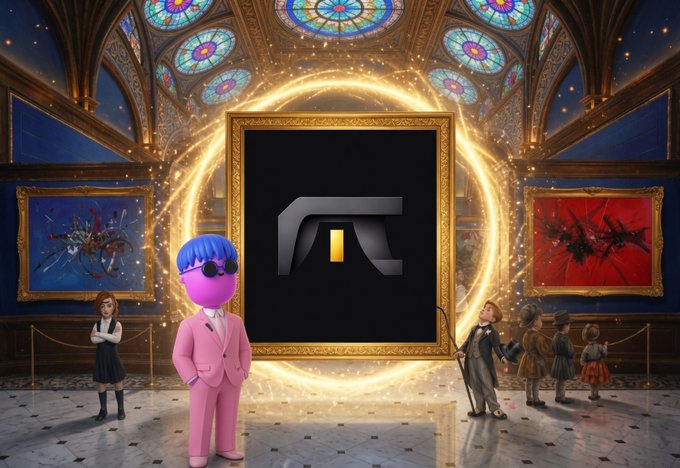 A pink-suited character with a purple face and blue hair stands in a grand stained-glass gallery before a glowing golden portal displaying the Pi Network (π) logo, surrounded by other small figures and abstract paintings.