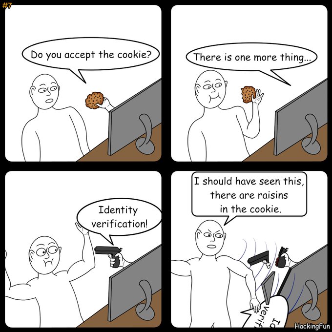 A four-panel comic meme playing on the cookie consent joke: a figure at a computer is offered a cookie, then demands 'Identity verification!', only to realize 'there are raisins in the cookie' before being attacked, signed by 'HackingFun'.