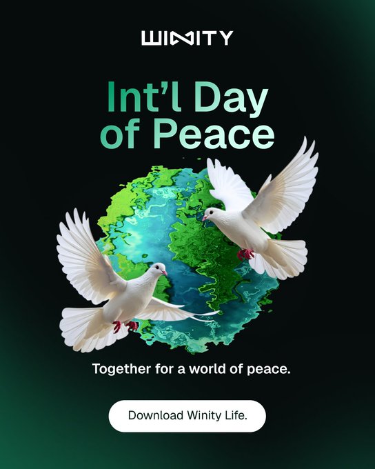 Winity promotional graphic for the International Day of Peace featuring two white doves flying around a green and blue Earth with the text 'Int'l Day of Peace' and 'Together for a world of peace. Download Winity Life.'