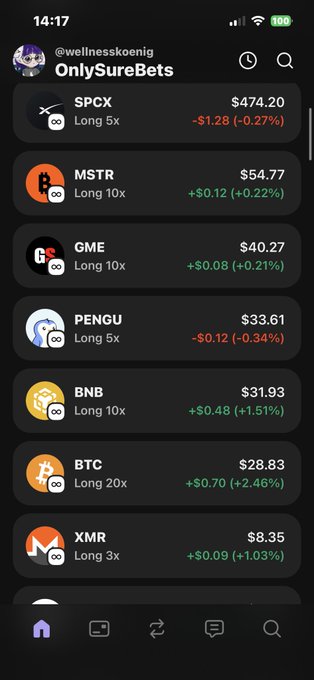 The image shows an iPhone screen displaying a list of cryptocurrency tickers, including Bitcoin, PENGU, and XMR. The text on the screen indicates that these are trading options for short-term gains or losses. The post also mentions that there is a penny for a moonbag but users need to pay for it in order to make money from it. Additionally, the post suggests that users should focus on either buying or selling based on their goals and risk tolerance.